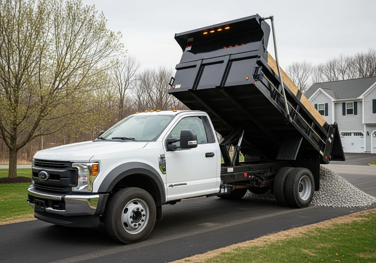 Dump truck delivering gravel in front of a family home in Acton, MA