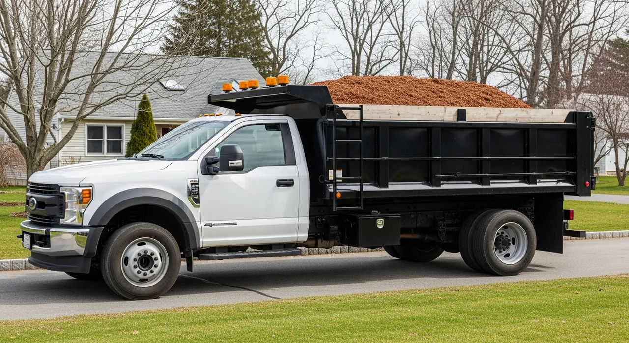 Dump truck delivering material at an Acton, MA homeowner project