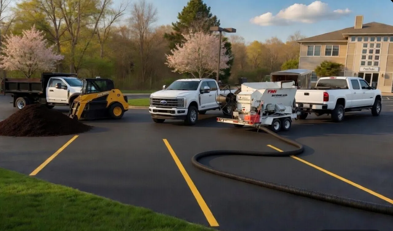 My Backyard Helper fleet — Ford Super Duty pickup truck, compact skid steer loader, dump trailer with mulch, and FINN hydroseeder trailer staged in Acton, MA