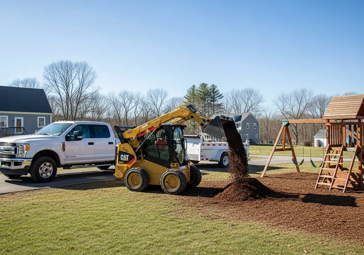 Kid-safe playground mulch and pea stone fall surface spread under a backyard swing set in MetroWest Massachusetts