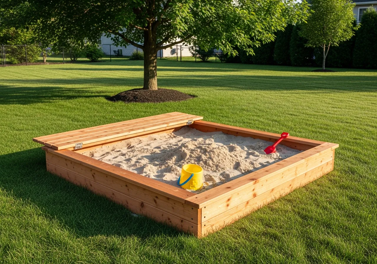 Custom cedar sandbox built and filled with washed play sand in a family backyard in Acton, MA
