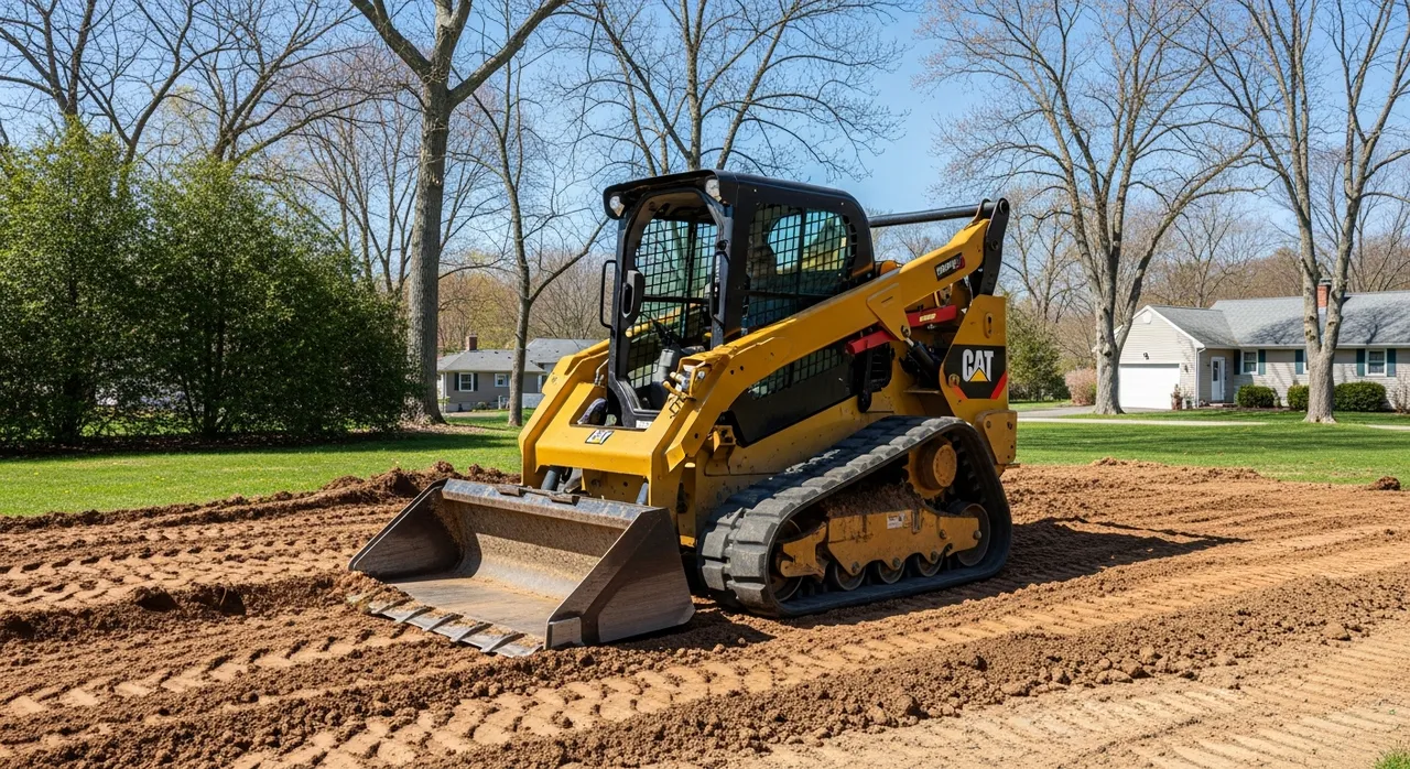 Compact track loader skid steer at work on an Acton, MA homeowner project