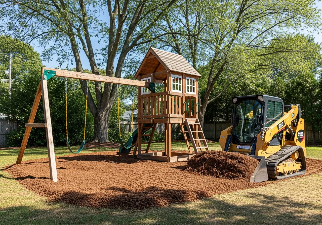 Backyard swing set and playset assembled and installed on a fresh playground mulch pad in Acton, MA — My Backyard Helper swing set installer for families