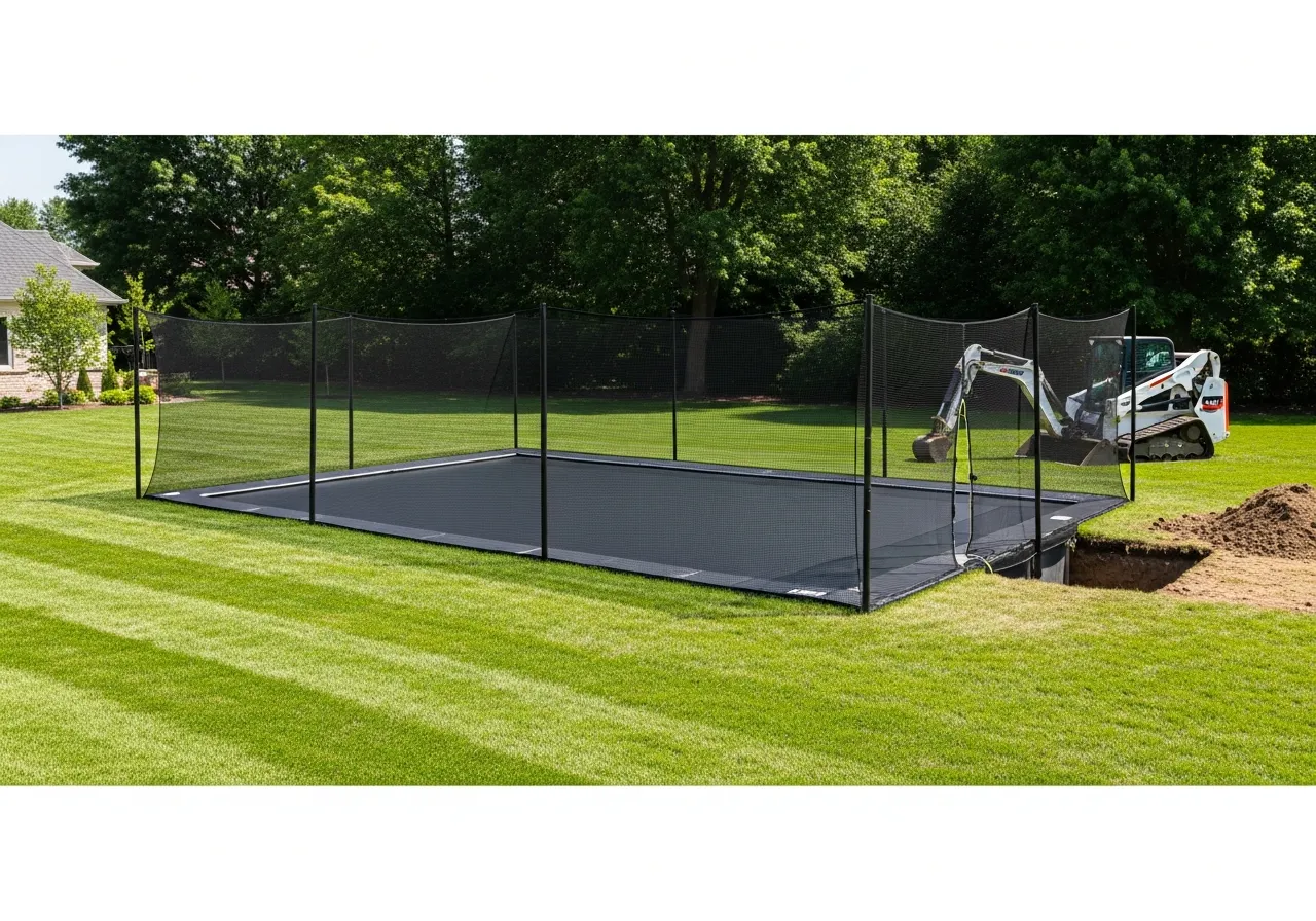 In-ground sunken trampoline pit installed in a family backyard in MetroWest Massachusetts